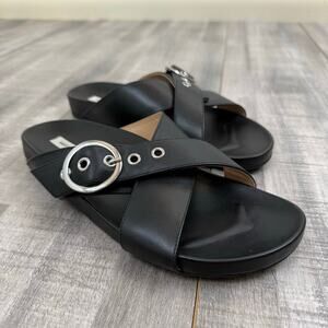 Saks‎ Fifth Avenue Judi Black Buckle Flat Sandals Adjustable Strap Womens 8